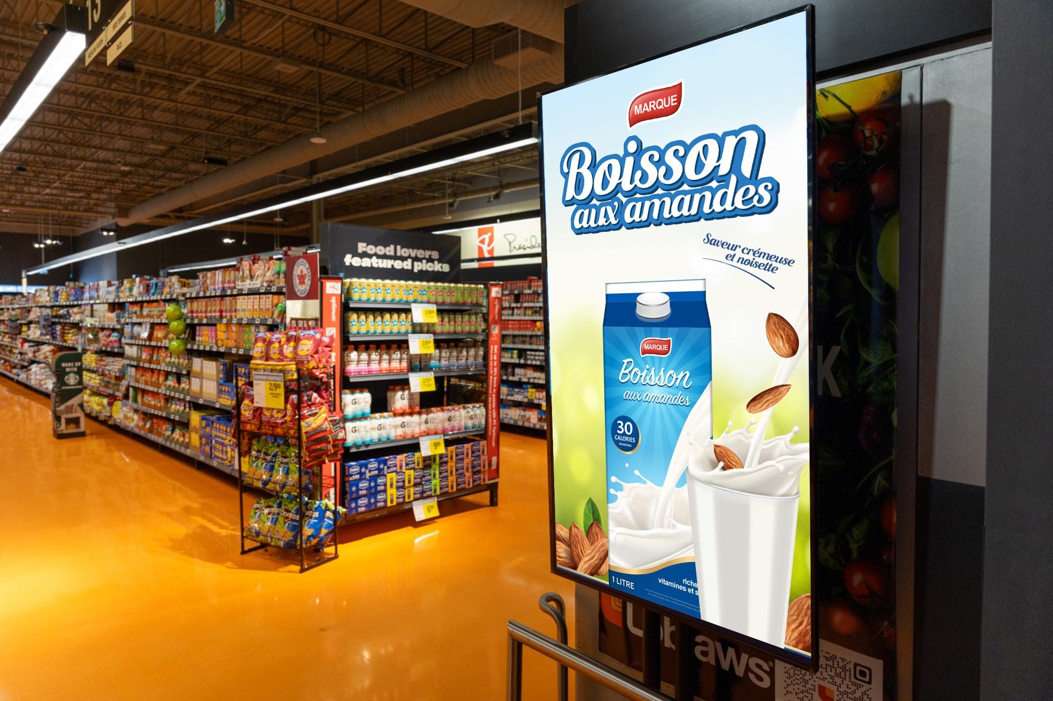 Écran publicitaire numérique dans un magasin d'alimentation