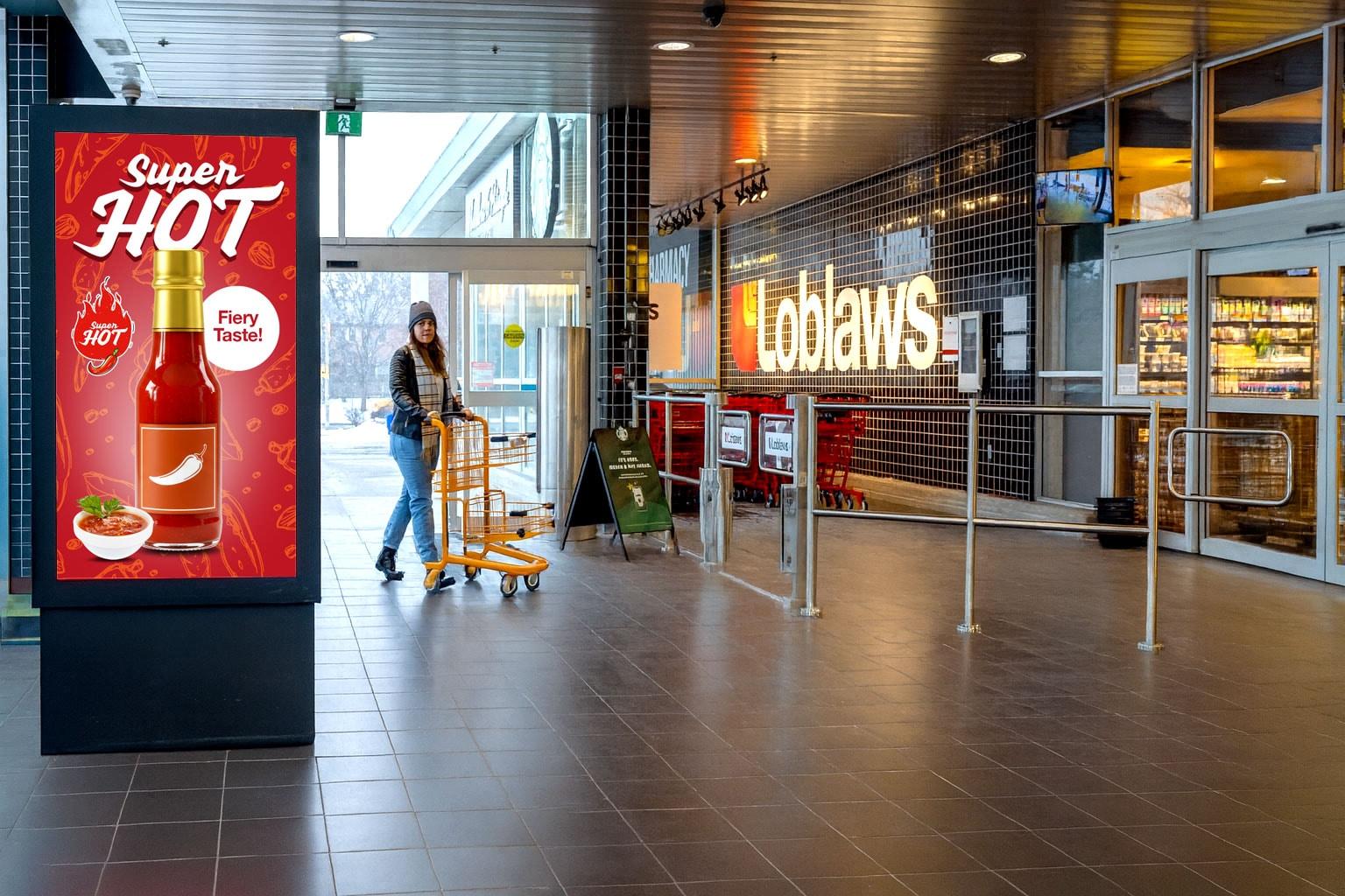 Woman walking into grocery store seeing advertising