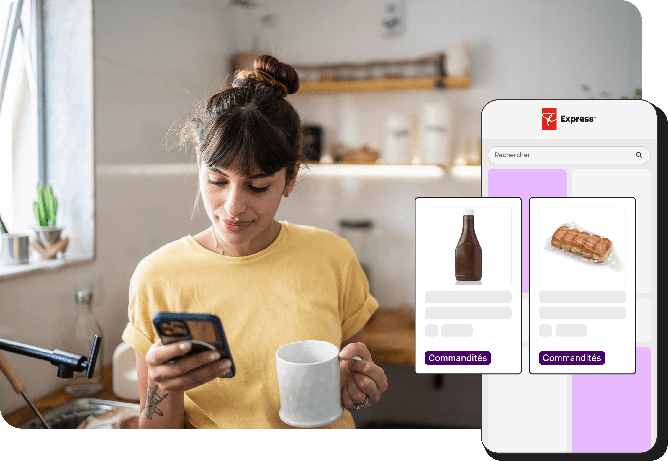 Une femme regarde des produits sponsorisés sur son appareil mobile