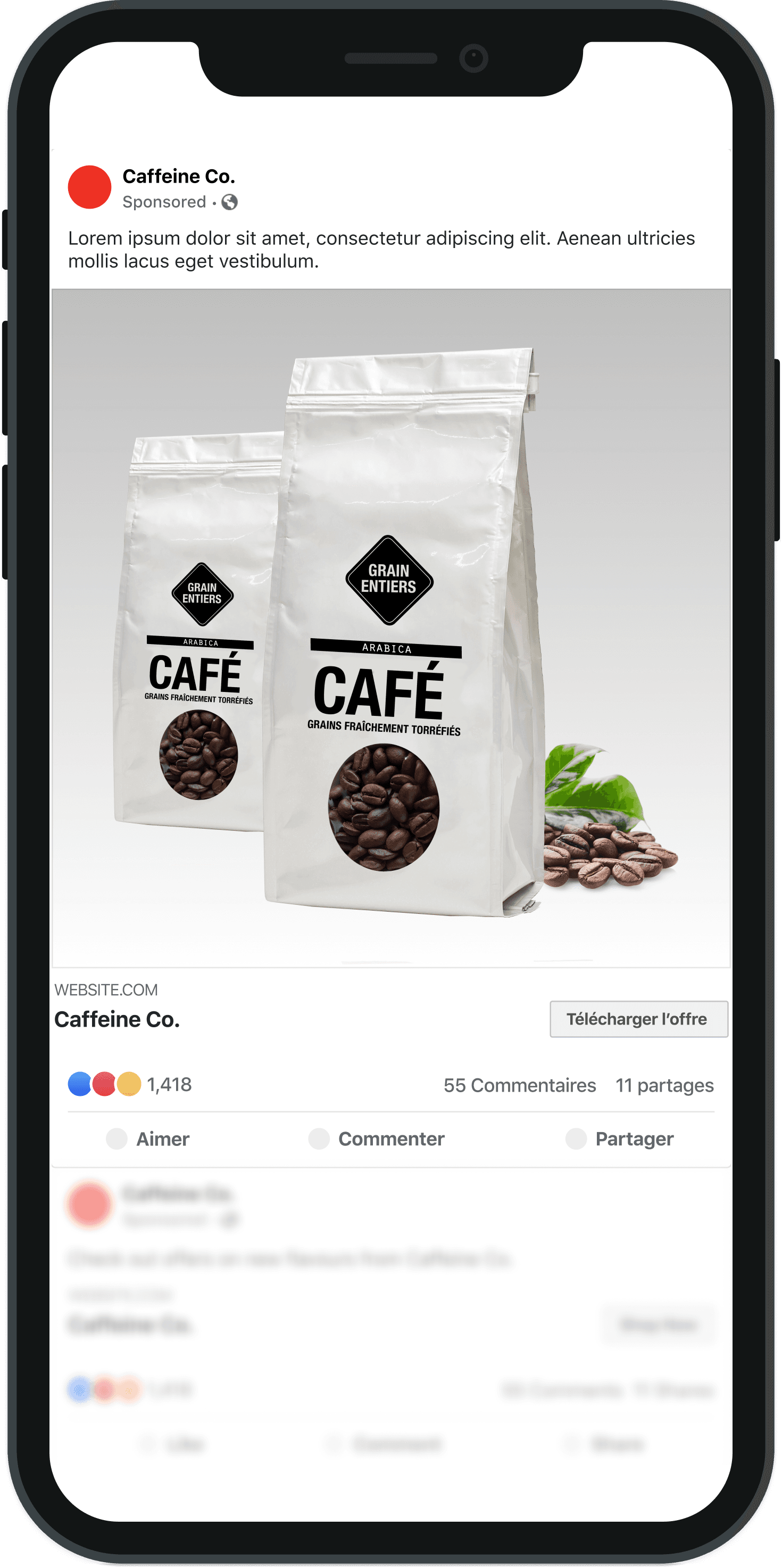 Un écran de téléphone intelligent affiche une publicité sur les médias sociaux portant sur le café. 