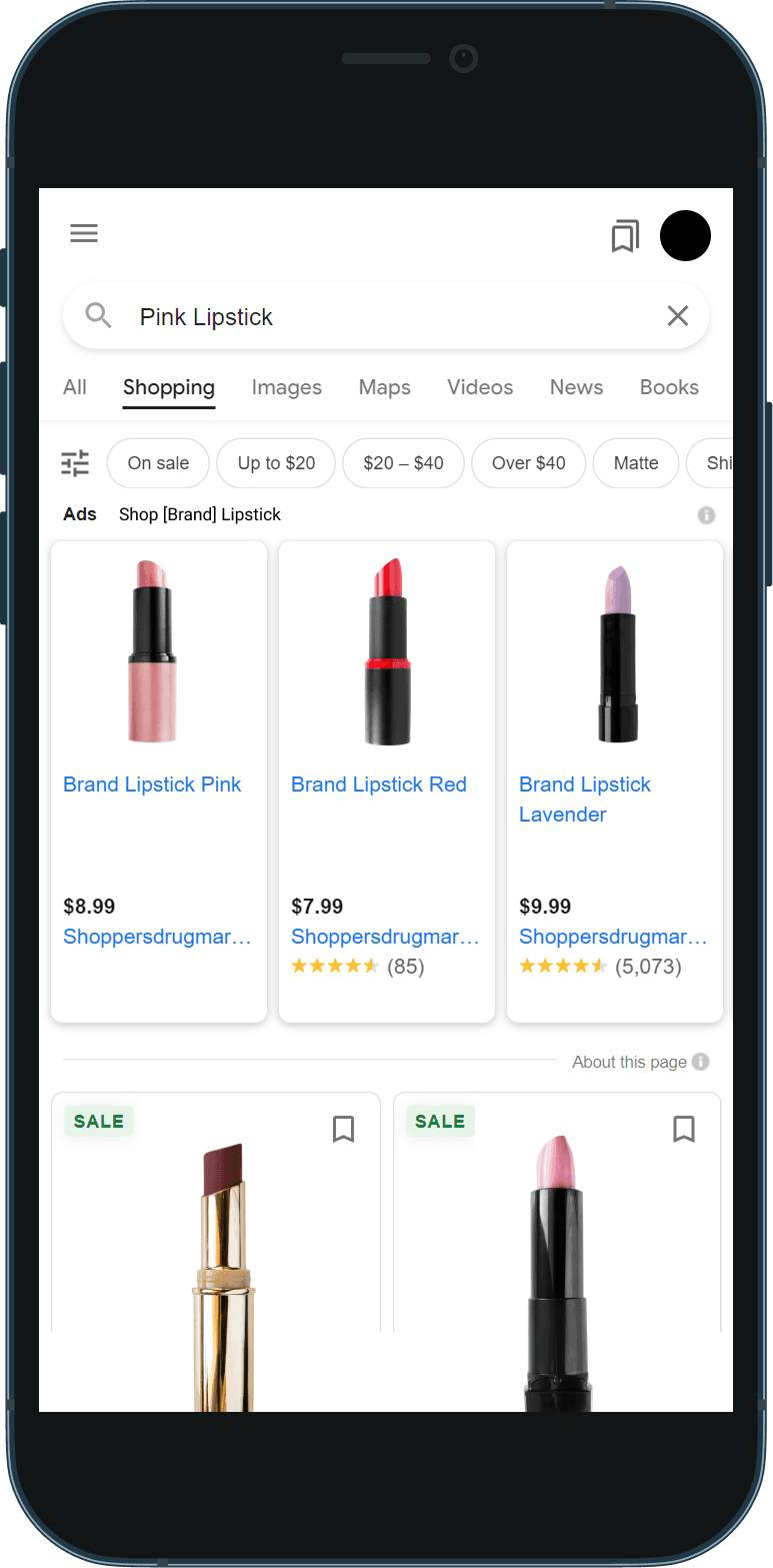 A smartphone screen displaying Google search advertisements for lipstick. 