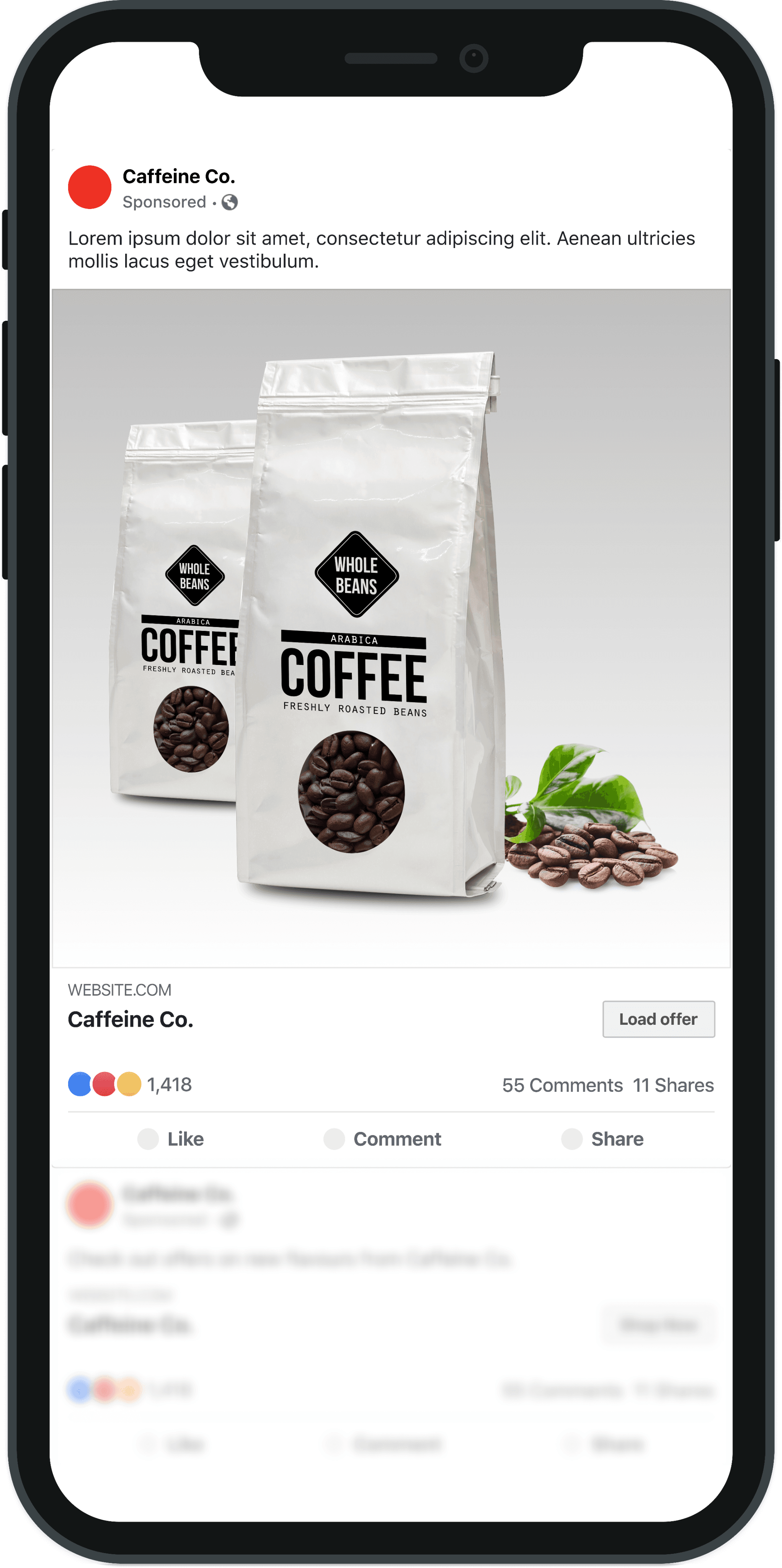 A smartphone screen displaying a social media advertisement for coffee. 