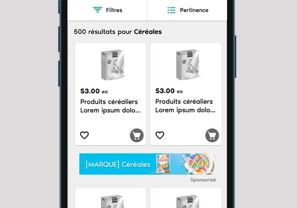 Un écran mobile affichant les résultats des achats de céréales en ligne sur le site Web de Loblaws.